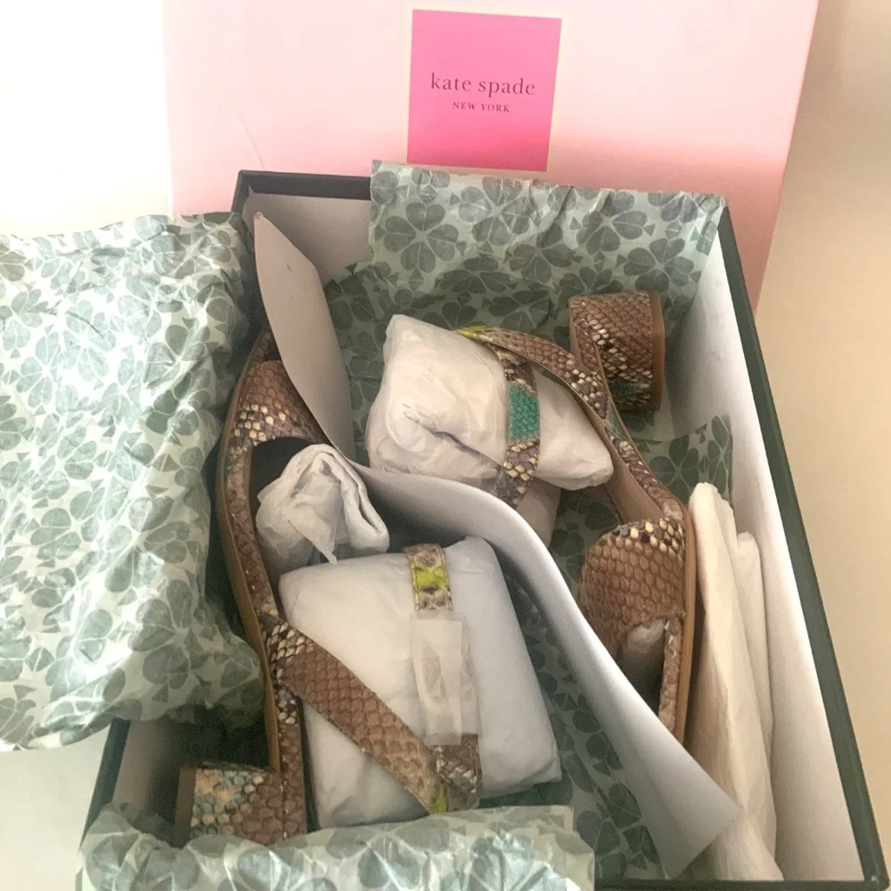 KATE SPADE Lucia Snakeskin Leather block heel Sandall Ankle strap round toe shoe
